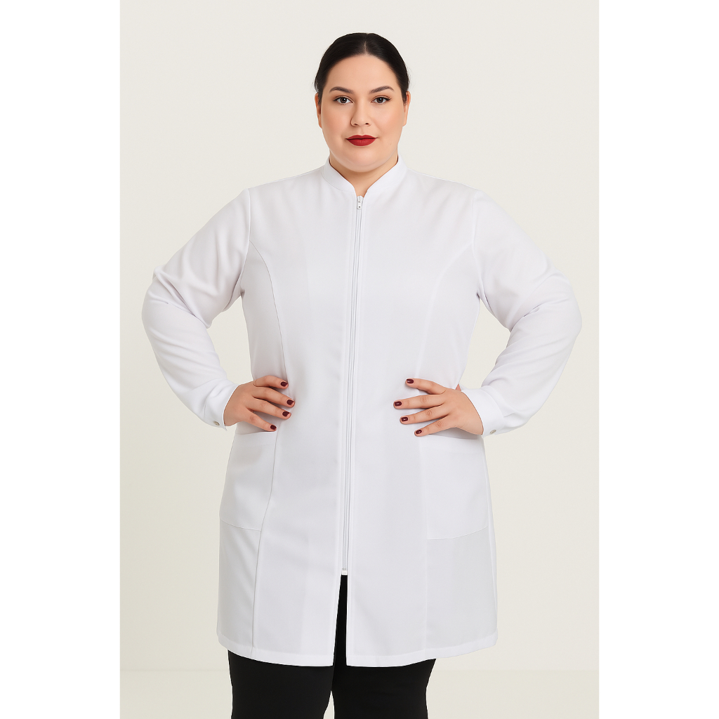 Jaleco Feminino PLUS SIZE Oxford Acinturado Zíper Gola Padre Manga Longa Estudante Profissional Jaleco Feminino PLUS SIZE Oxford Acinturado Zíper Gola Padre Manga Longa Estudante Profissional
