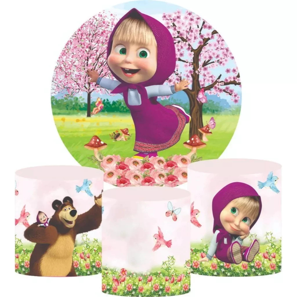 Capa Painel Redondo + Capa De Cilindro Tema Masha E O Urso 01