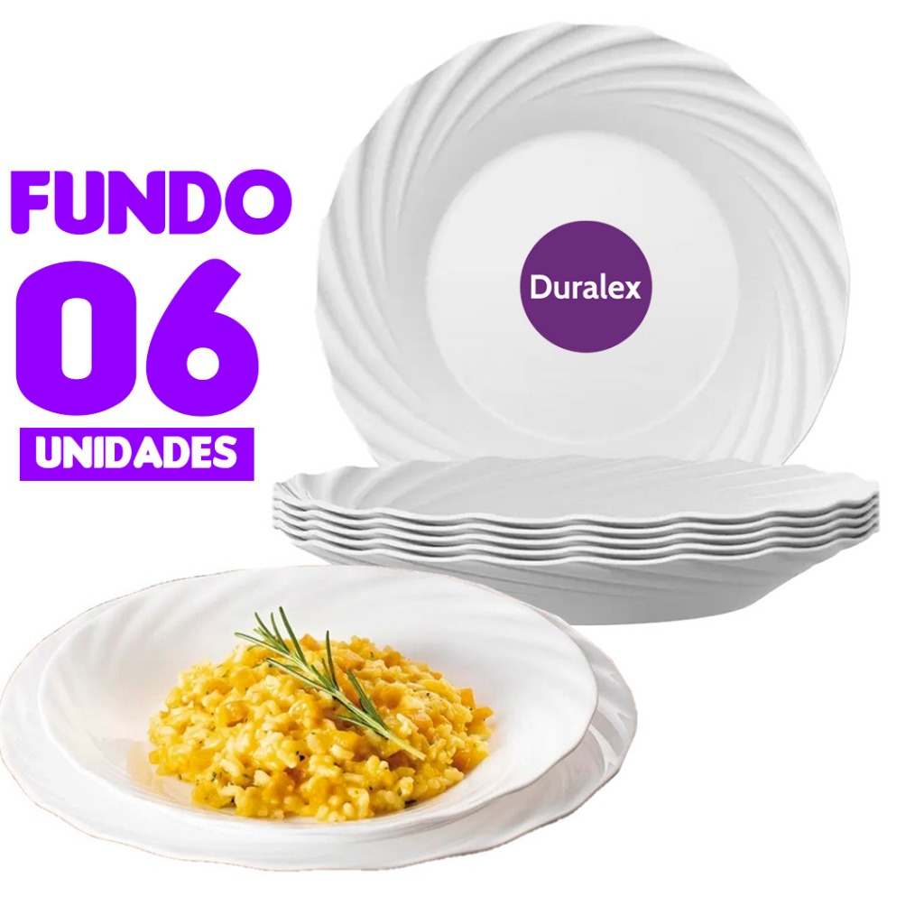 Jogo 06 Pratos Vidro Jasmim Branco Fundo Opaline Duralex Redondo Borda Detalhada Resistente Jantar