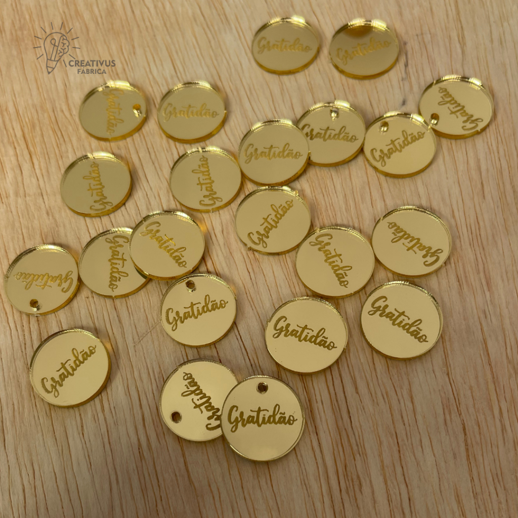 KIT COM 50 tags Escrito GRATIDÃO aplique REDONDO 2cm Acrílico Espelhado em Oferta na Shopee