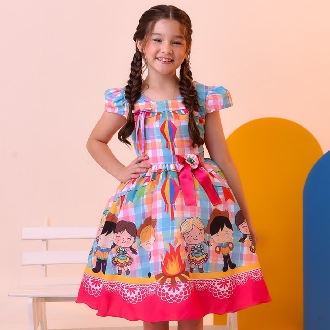 Vestido Infantil Junino Luxo Xadrez Colorido Festa São João em Oferta na Shopee