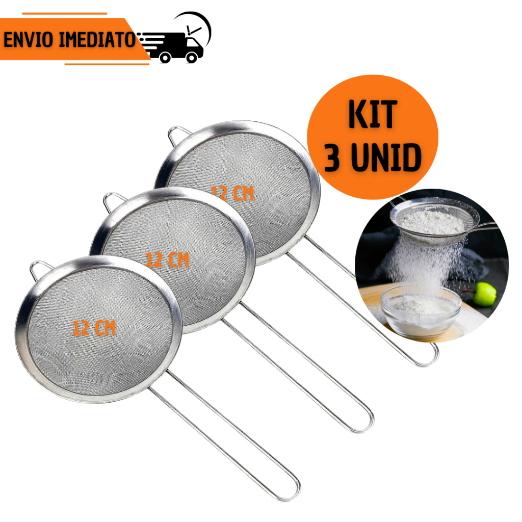 Kit 3 Peneiras 12CM Peneirador de Farinha Açúcar Coador Fino Passador de Cozinha Confeiteiro Tela