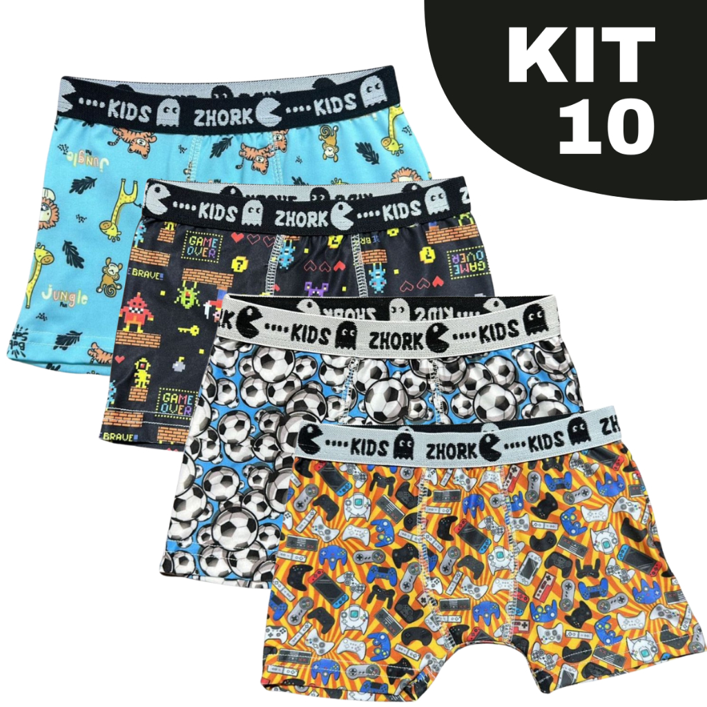 Kit 10 Cuecas Box Microfibra Forro 100% algodão 4 ao 8 Boxer Infantil Estampas Sortidas