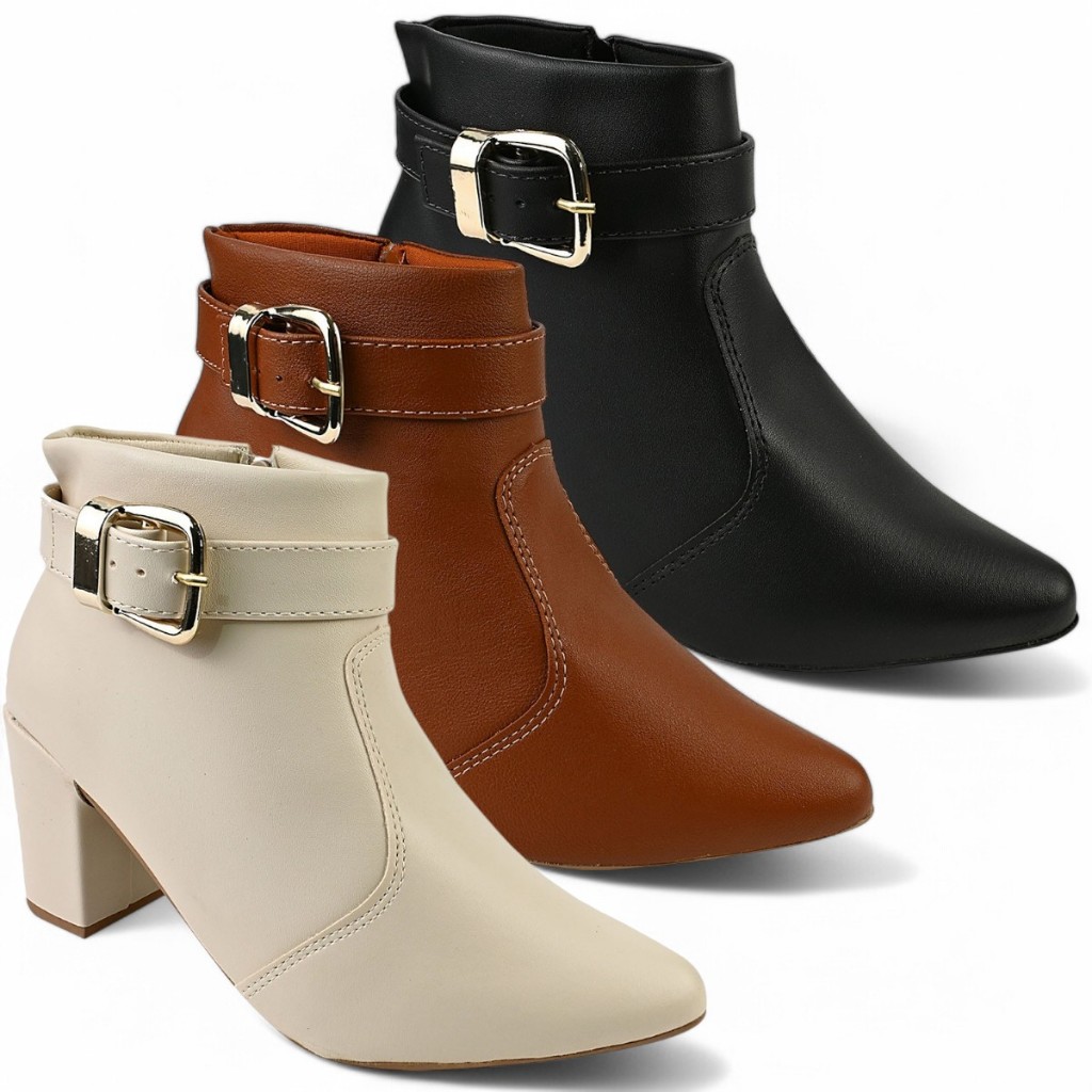 Bota Feminina com Fivela Removível Cano Curto com Ziper Salto Grosso Bico Fino Dia das Mães