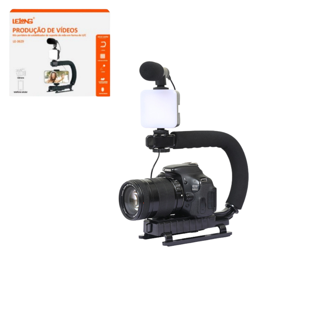 Kit Suporte Estabilizador Com LED Microfone Controle Para Camera Celular Filmagem Profissional