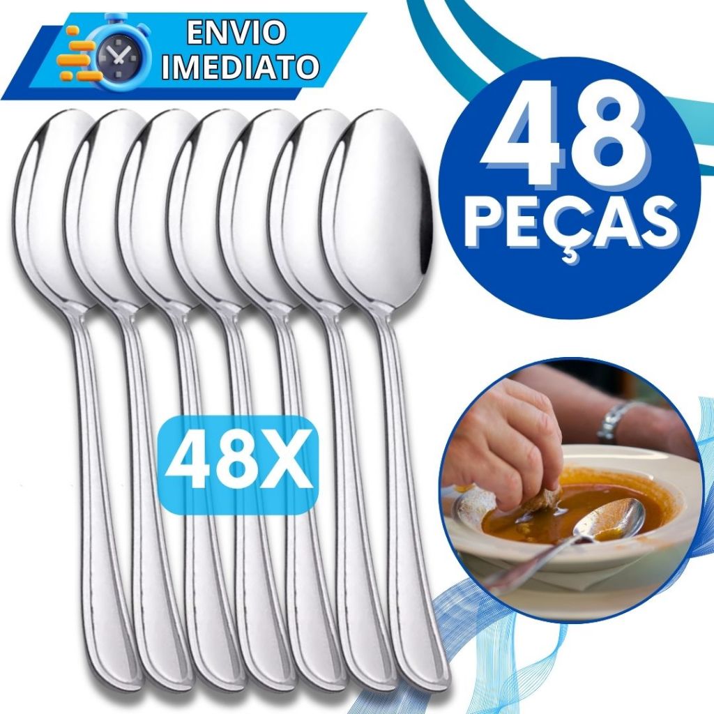Jogo de Talher 48 Peças Colher de Sopa Mesa Aço Inox Polido GRANDE Luxo Arroz Para Casa Cozinha Restaurante Buffet