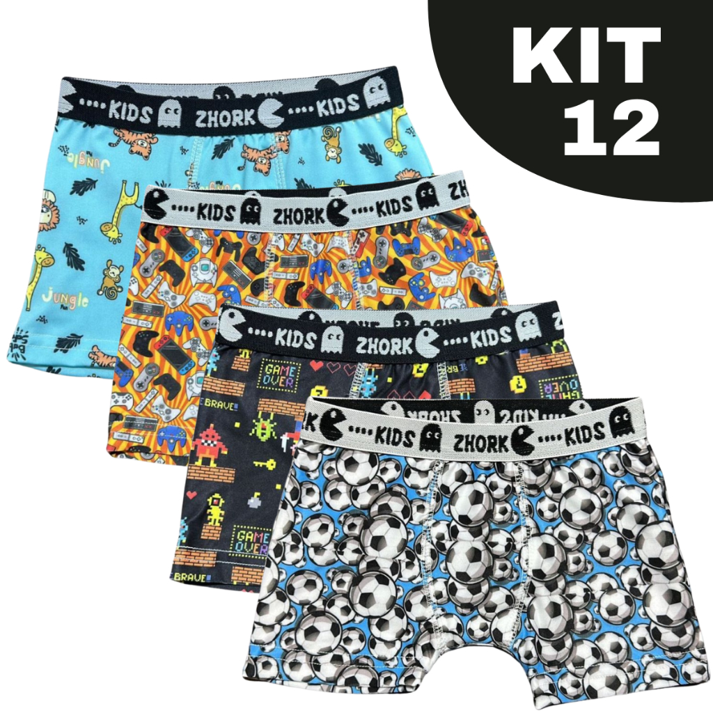 Kit 12 Cuecas Box Microfibra Forro 100% algodão 4 ao 8 Boxer Infantil Estampas Sortidas