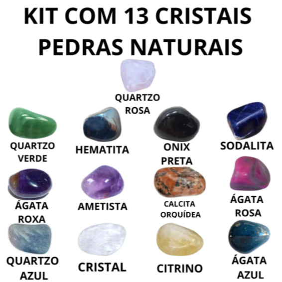 Kit 13 Cristais Naturais Pedras Roladas - Hematita, Quartzo Verde, Quartzo Rosa, Onix