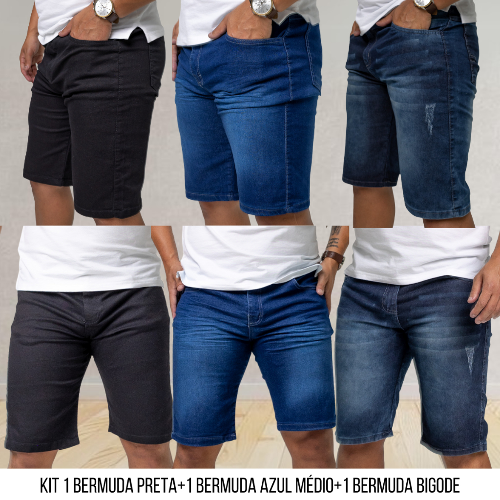 Kit Trinca de Ouro 3 Bermudas Jeans Masculinas Lycra Elastano Casual Premium Original Presente Homens