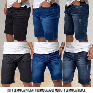 Kit Trinca de Ouro 3 Bermudas Jeans Masculinas Lycra Elastano Casual Premium Original Presente Homens