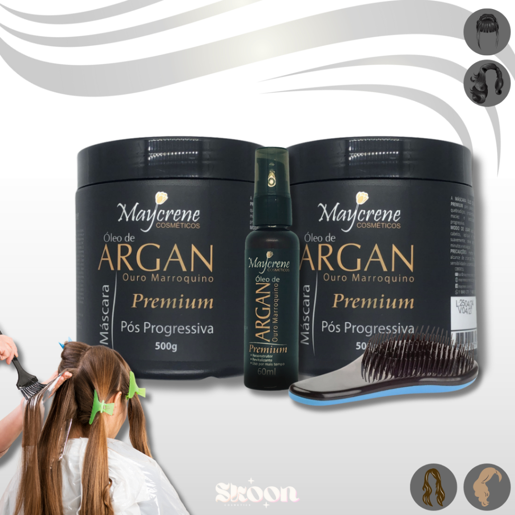 Kit 2 Máscaras 500g + Oleo Argan Premium Ouro Marroquino + Escova Pós Progressiva Cabelos Ressecados
