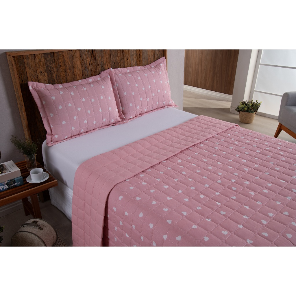 Cobre Leito Colcha Casal Queen King Solteiro 3 Peças Coração Rosa 100% Algodão Matelado