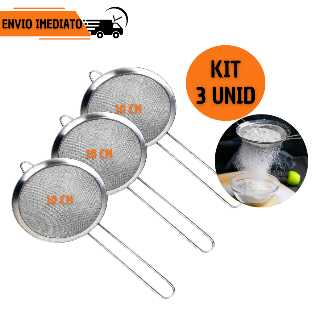 Jogo 3 Peneiras 10CM Peneirador de Farinha Açúcar Coador Fino Passador de Cozinha Confeiteiro Tela