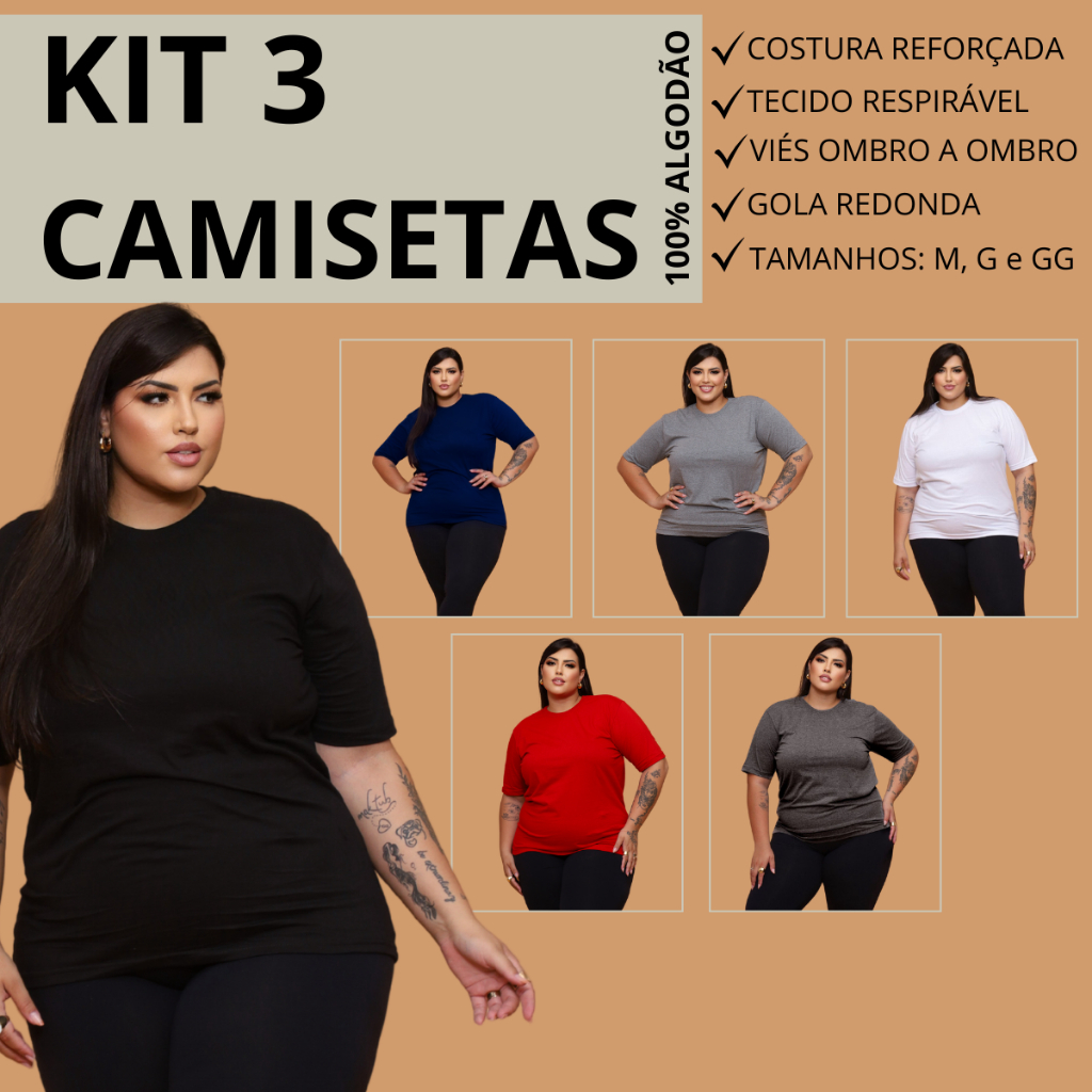 Kit 3 camisetas Plus size feminina 100% algodão oversized qualidade e preço bom Confecção Própria em Oferta na Shopee