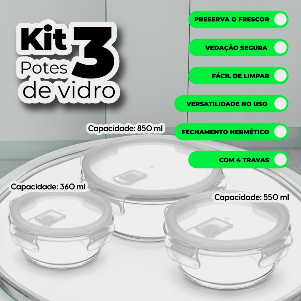 Conjunto 3 Potes Herméticos de Vidro Redondo 850ML 560ML 360ML em Oferta na Shopee