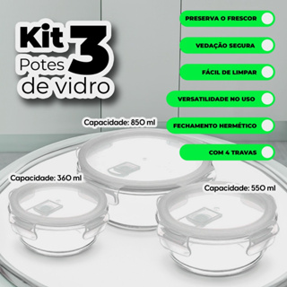 Conjunto 3 Potes Herméticos de Vidro Redondo 850ML 560ML 360ML em Oferta na Shopee