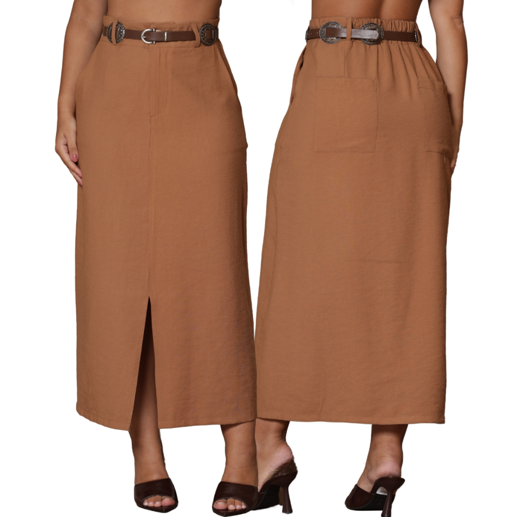 Saia Alfaiataria Mídi Feminina Evangélica Fenda Frontal Botão Zíper Moda Casual Moda Elegante