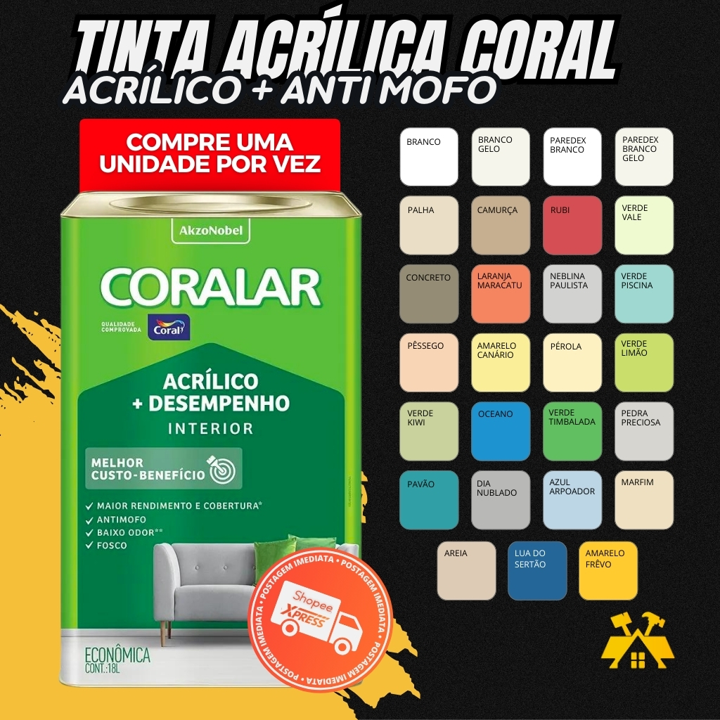 Tinta Econômica Fosca Coralar Paredes Coral 18 Litros Anti Mofo Acrílica Interno Interior Cores