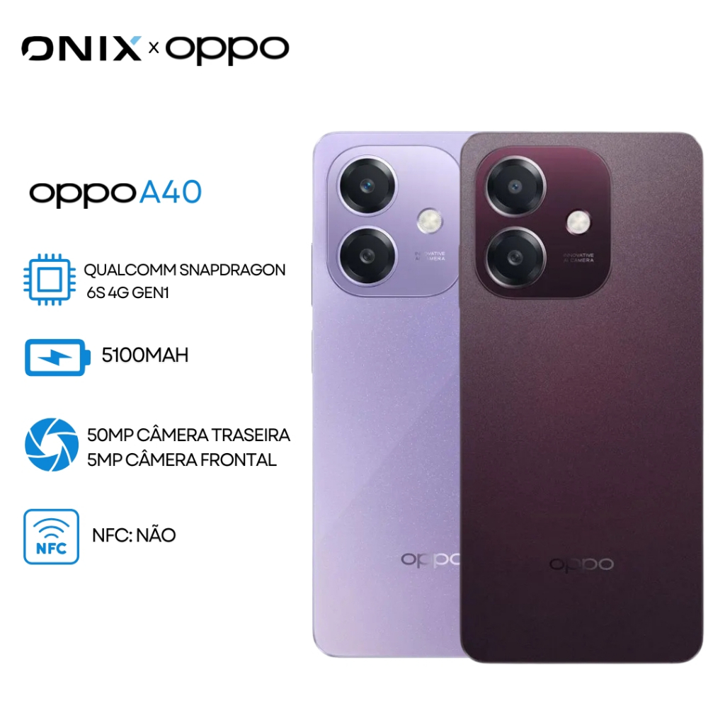OPPO A40 4G, 256GB e 4GB RAM, Cãmera 50MP, Processador Snapdragon 6s 4G Gen2, VERSÃO GLOBAL