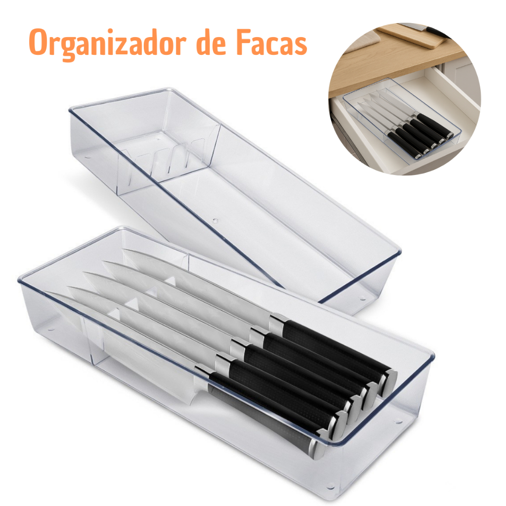 Organizador de Gaveta Acrílico com Divisória Faqueiro Porta Talheres Facas Multiuso para Cozinha