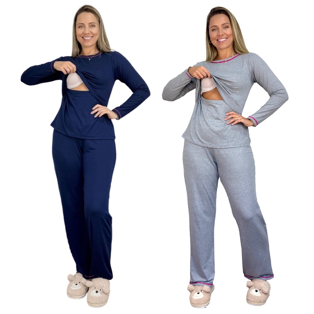 Kit 2 Pijama Amamentação Premium Feminino Maternidade Gestante Amamentar Pós Parto Manga Longa