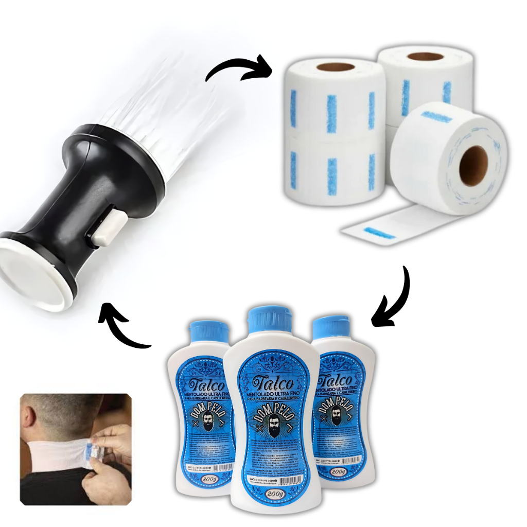 Kit Espanador Talqueira+100 Golas Higienicas+1 Talco Dom Pelo Higiene Barbearia