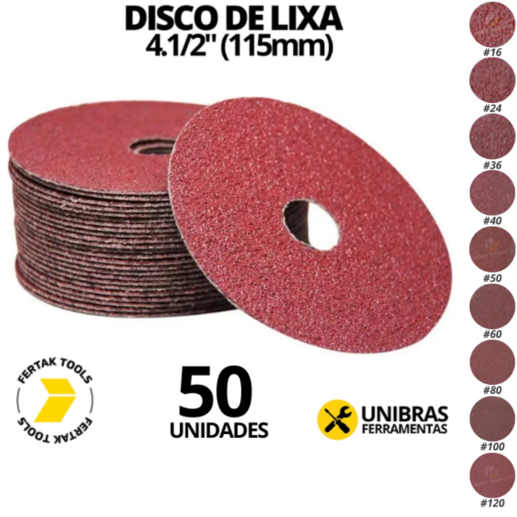 Kit 50x Disco Lixa 115mm Para Metal Madeira Ferro Escolha Seu Grão Kit Lixas Para Lixadeira 4.1/2''