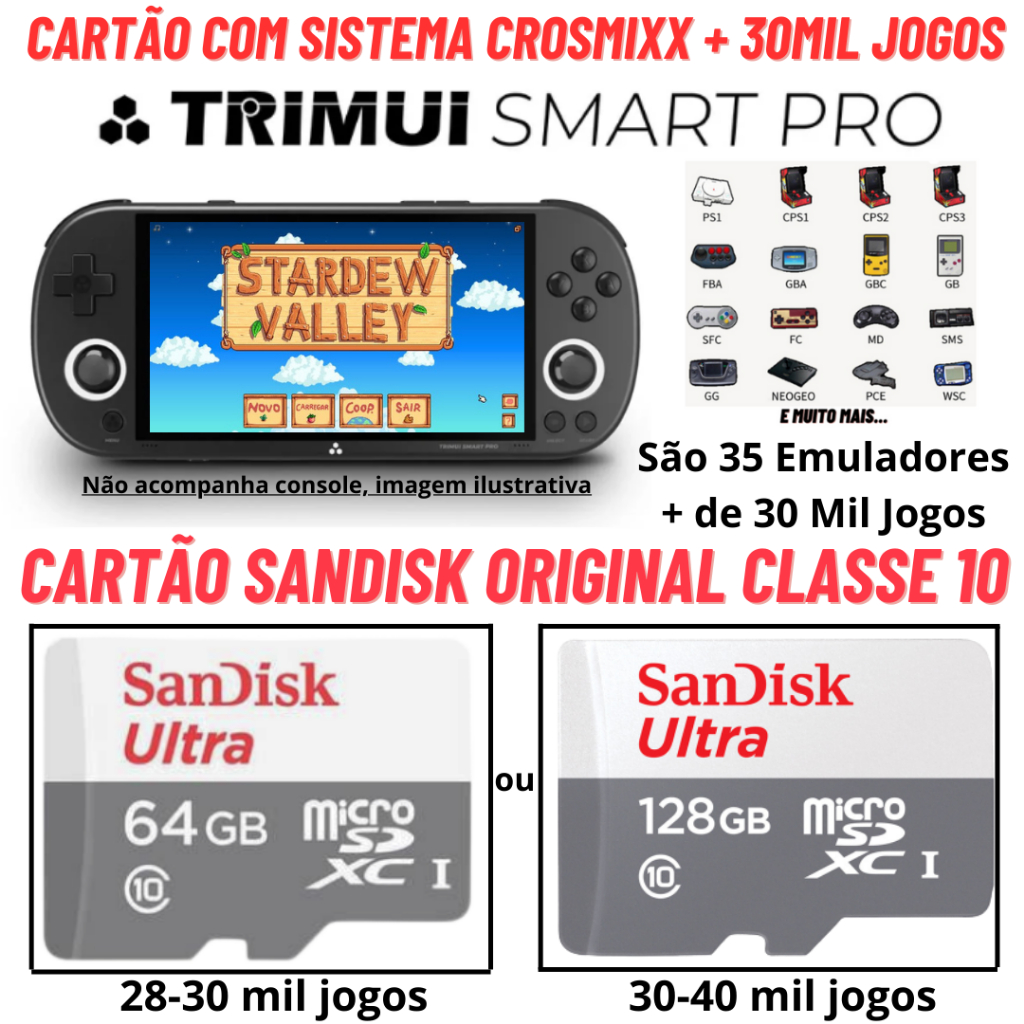 Cartão Original para Trimui Smart Pro com Sistema Crossmix e Roms Cartão Sandisk Original Classe 10