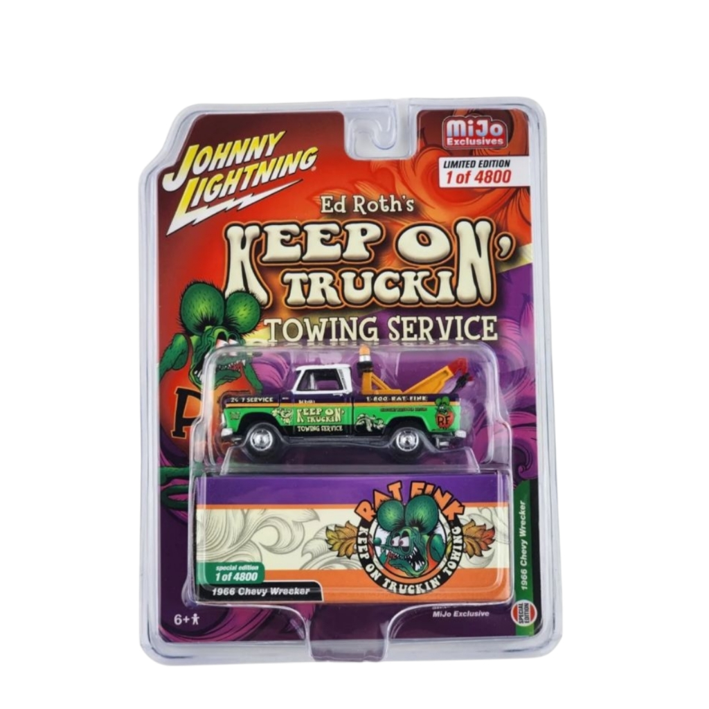 MINIATURA JOHNNY LIGHTNING RAT FINK ED ROTH'S KEEP ON TRUCKIN' TOWING SERVICE 1966 CHEVY WRECKER EDICAO ESPECIAL JLCP385