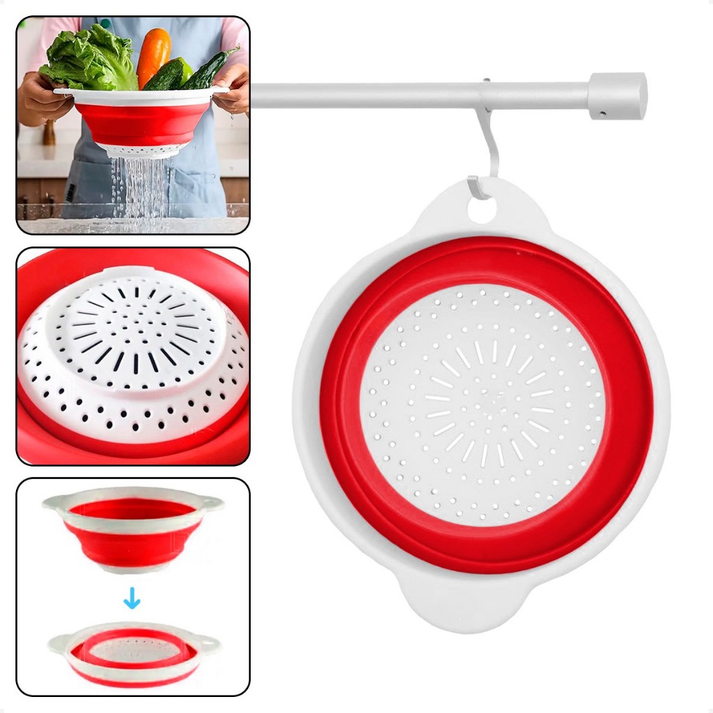 Escorredor De Silicone Retratil De Alimentos Massas Legumes Dobravel Médio Com Alça
