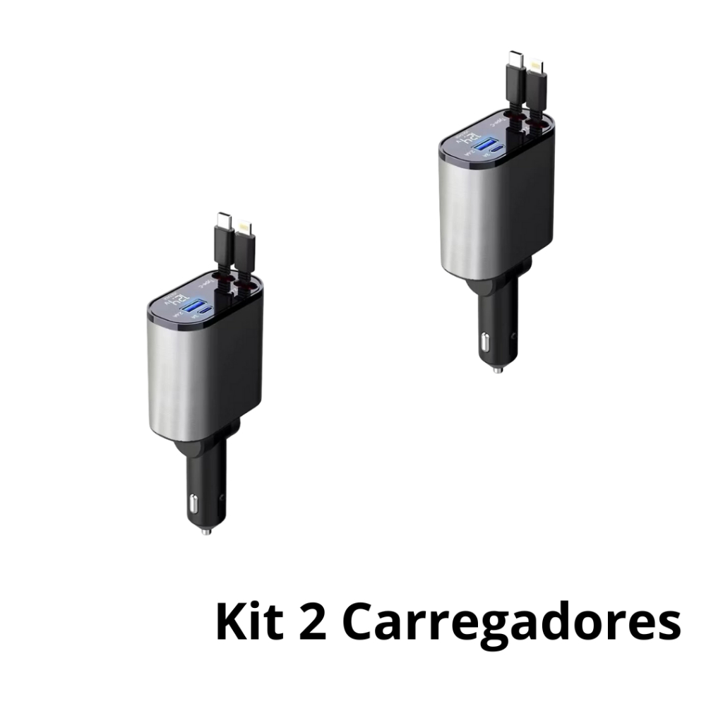 Kit 2 Carregadores de carro retrátil, carregador rápido de para carro 4 em 1 para iPhone e Android