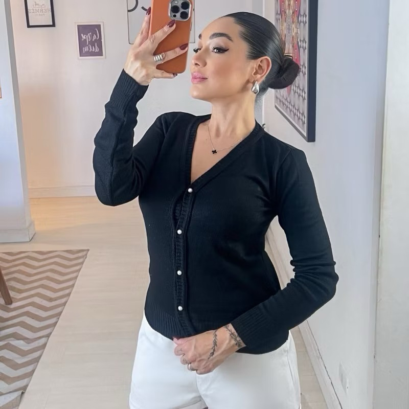 Casaco Tricot Lisa Com Botões Elastano em Oferta na Shopee