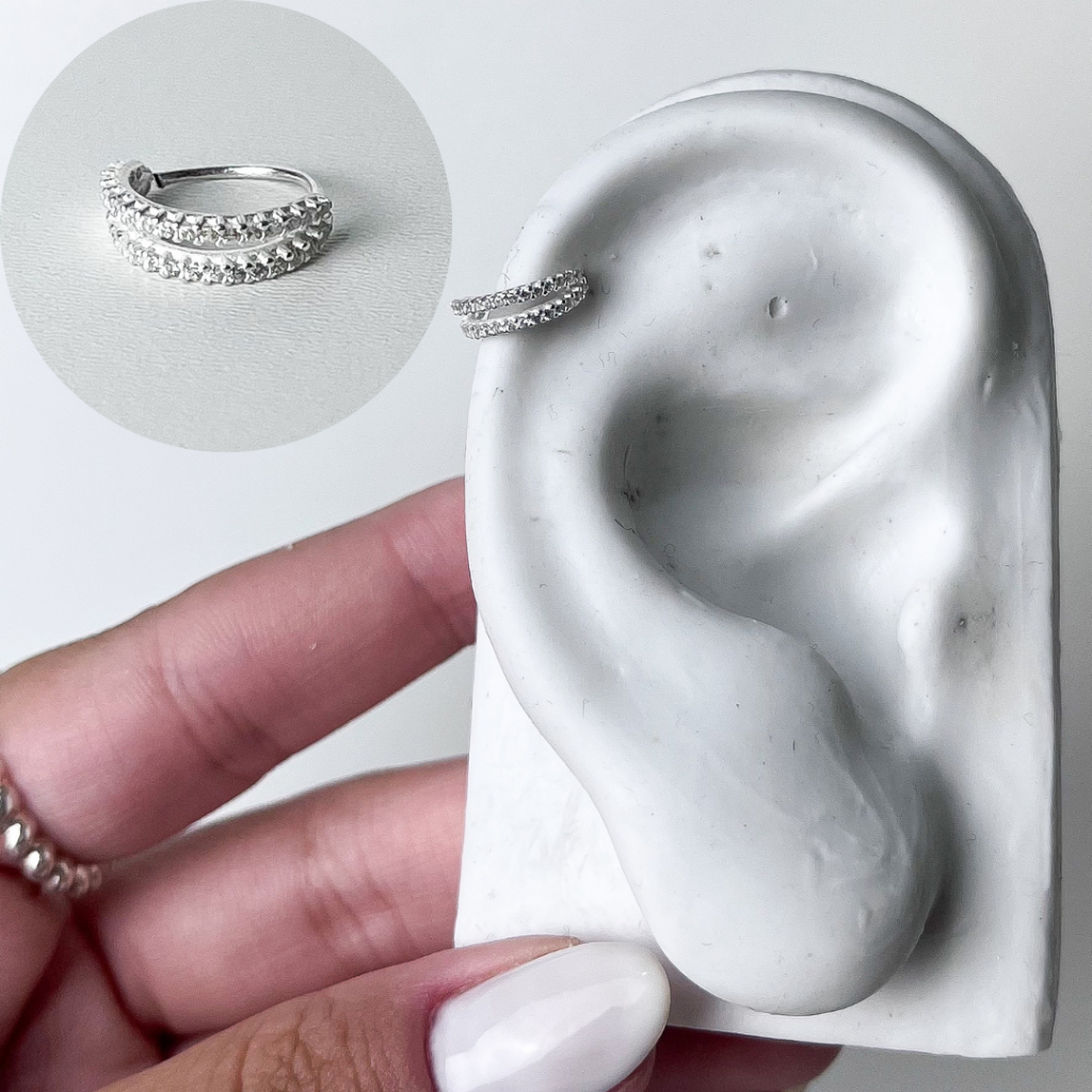 Piercing Orelha Hélix Cravejado 9MM Prata 925 Dupla Fileira Cravejada em Oferta na Shopee