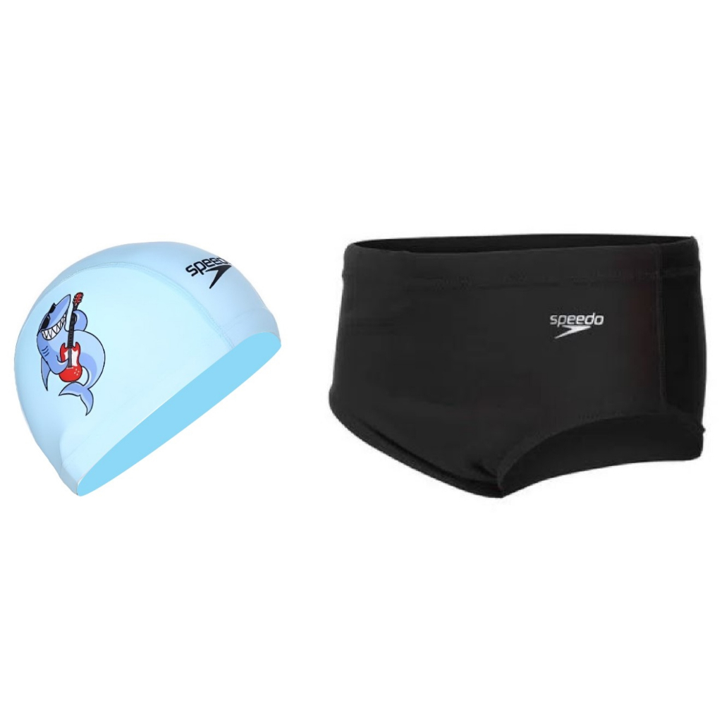 Kit Natação Speedo Sunga Solid Infantil + Touca Fun Cap Tecido Azul Tubarão