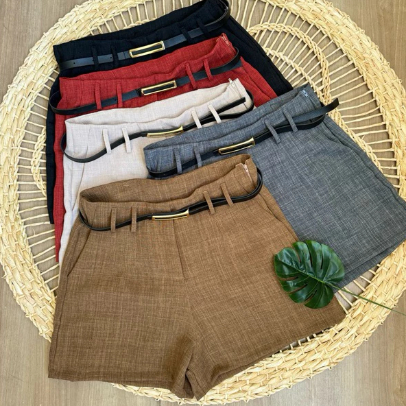 Short de Linho Feminino Cintura Alta Casual Com Cinto Moda Blogueira Luxo