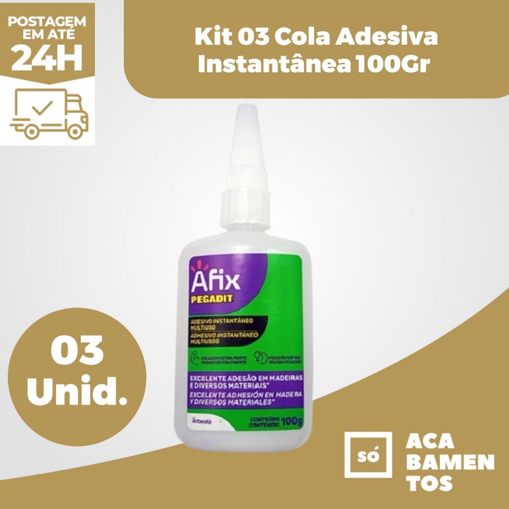 Kit C/3 Cola Instantânea Afix Bond Extra, Sec. Rápida 100g Metal Vidro Papel Plástico Couro