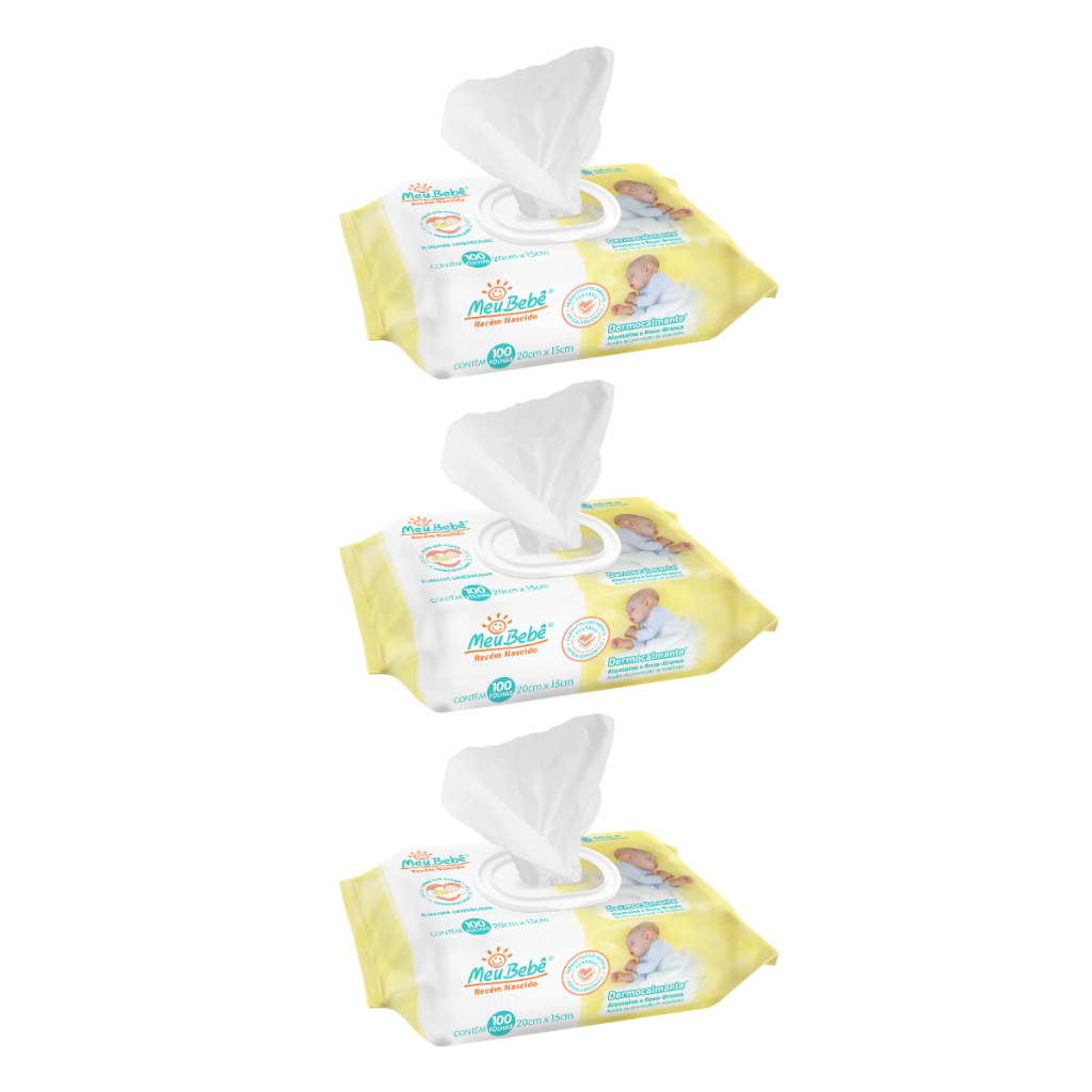 Toalha Umedecida Meu Bebê RN Dermocalmante 300 Folhas (3undX100fls) em Oferta na Shopee