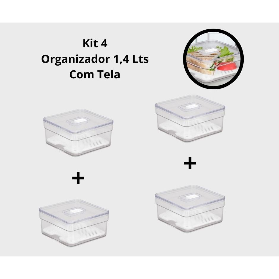 Kit 1,2 ou 4 Organizadores De Geladeira 1,4 Litros Com Tela - Plastutti em Oferta na Shopee