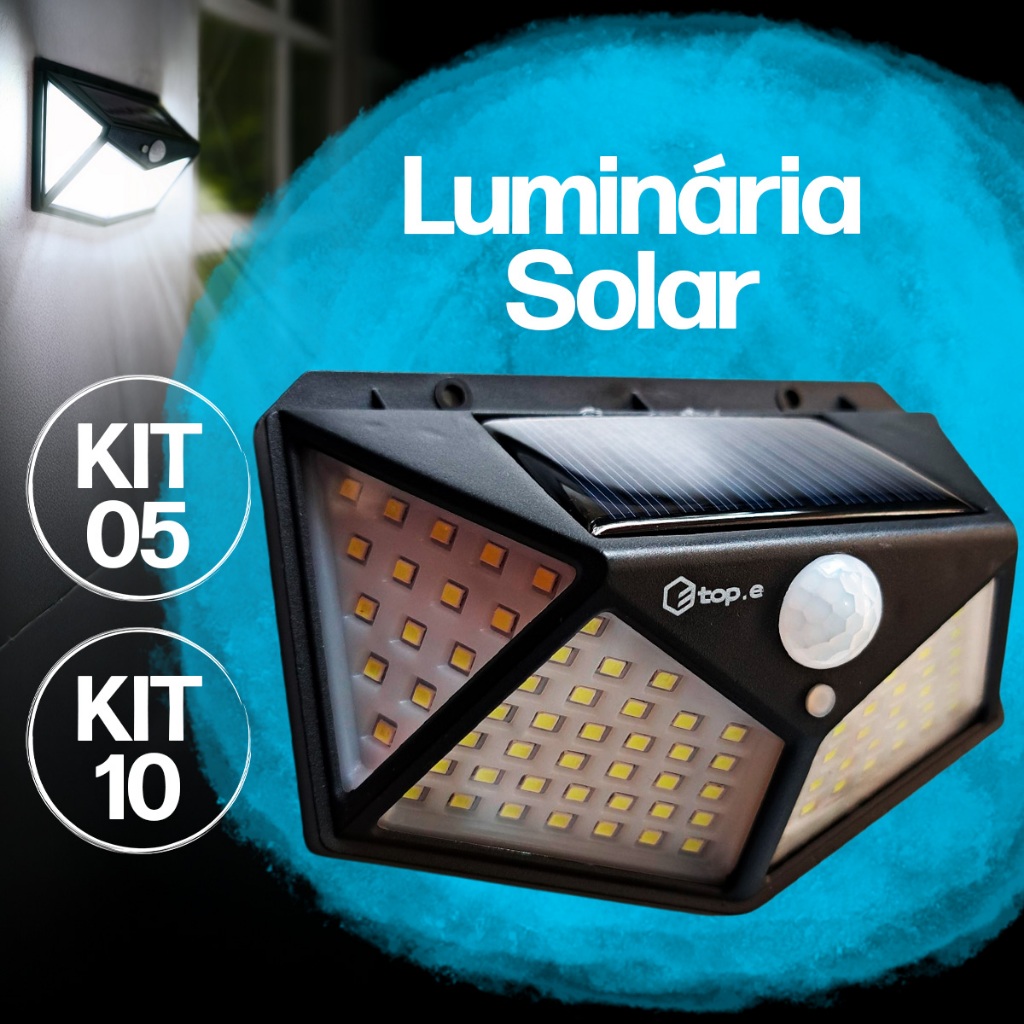 Kit 5 ou 10 Luminária Solar Led Parede Sensor 20W Branco Frio 100 Leds Prova D'água Jardim Externo