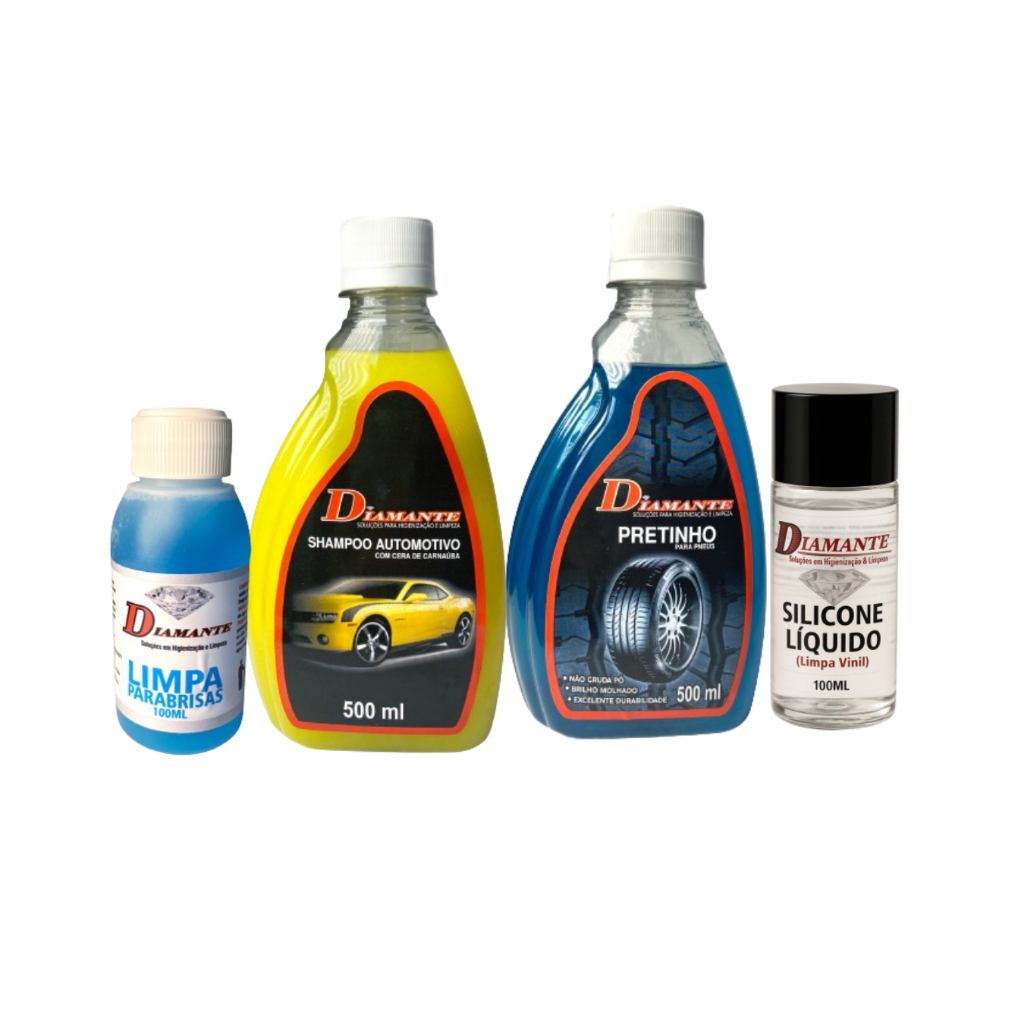 Kit  Shampoo com cera de carnaúba, pretinho para pneus, limpa para-brisas e silicone liquido 100ml