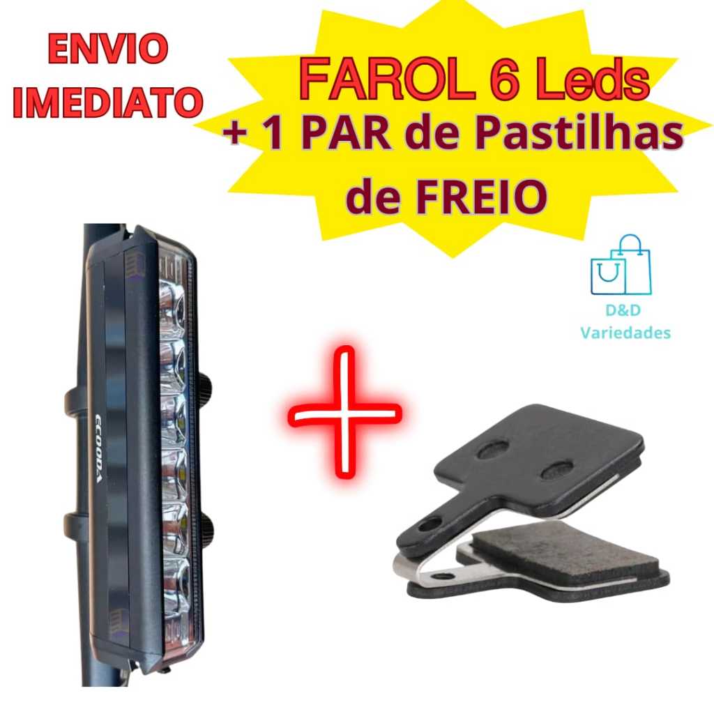 Farol Bike 6 Leds 18.000 Lumens Ecooda Profissional + Pastilhas de Freio á Disco Shimano
