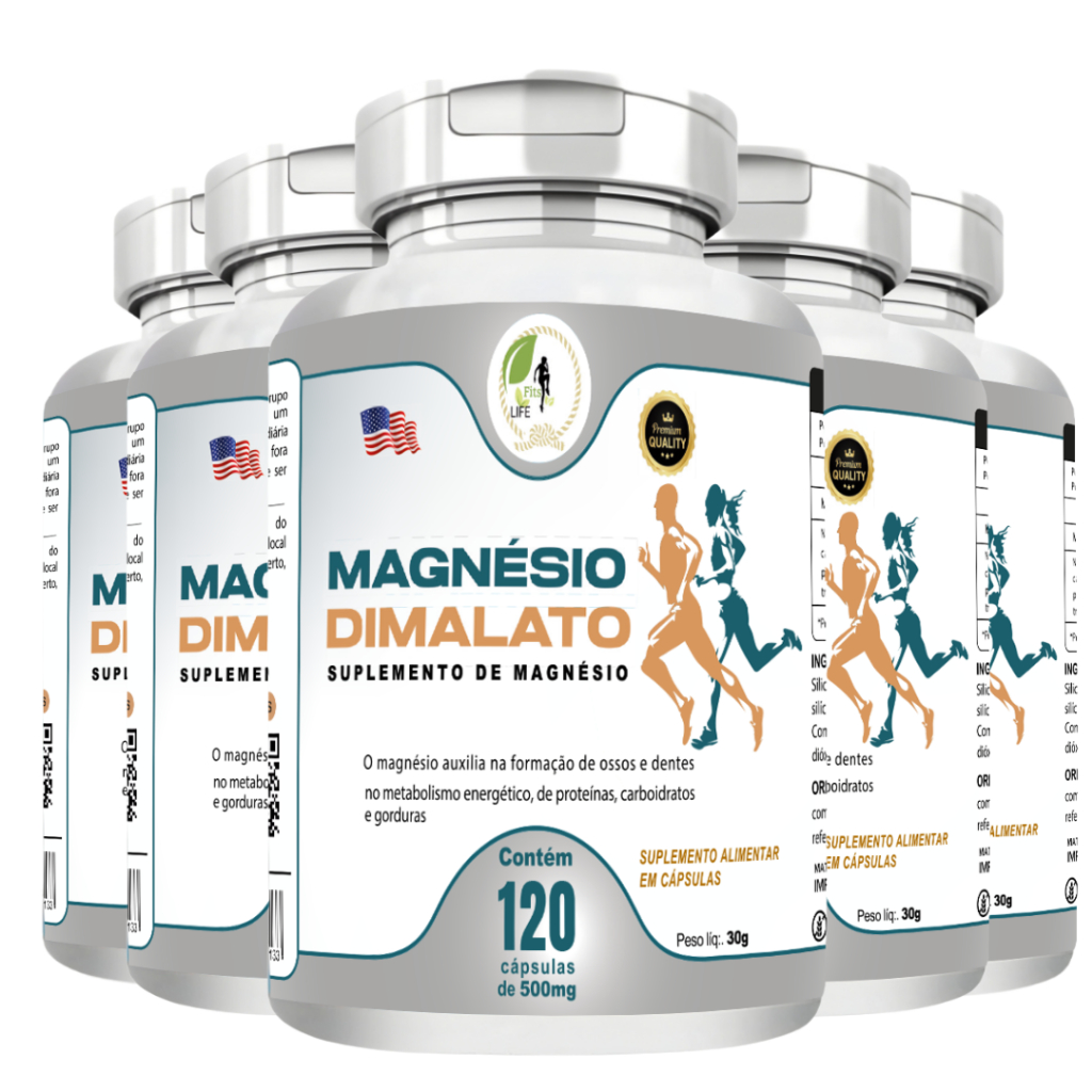 KIT C/5 Potes Magnésio Dimalato Puro 120 Cápsulas 500mg - Fits Life * em Oferta na Shopee