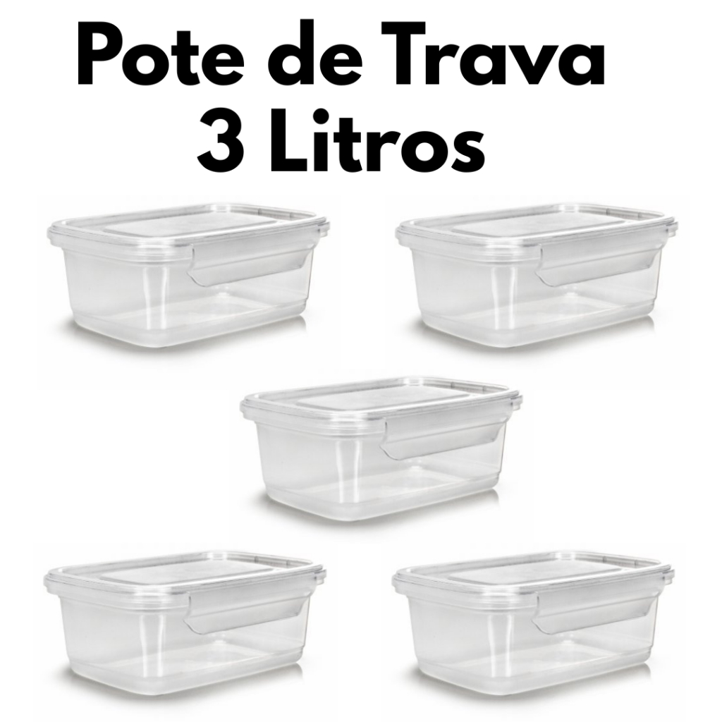 Jogo 5 Potes RETANGULAR 3 Litros Tampa Trava Marmita Transparente Reutilizável Alimentos BPA FREE em Oferta na Shopee