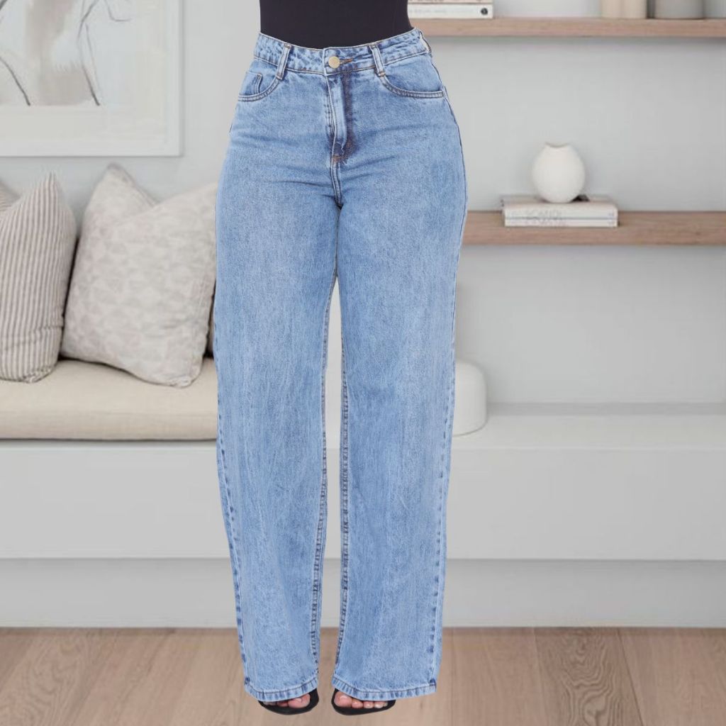 Calça Jeans Feminina Wide Leg Pantalona Cintura Alta  premium Cós Alto tecido grosso lavagem gringa em Oferta na Shopee
