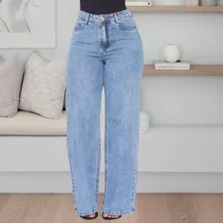 Calça Jeans Feminina Wide Leg Pantalona Cintura Alta Premium Cós Alto Tecido Grosso Lavagem Gringa