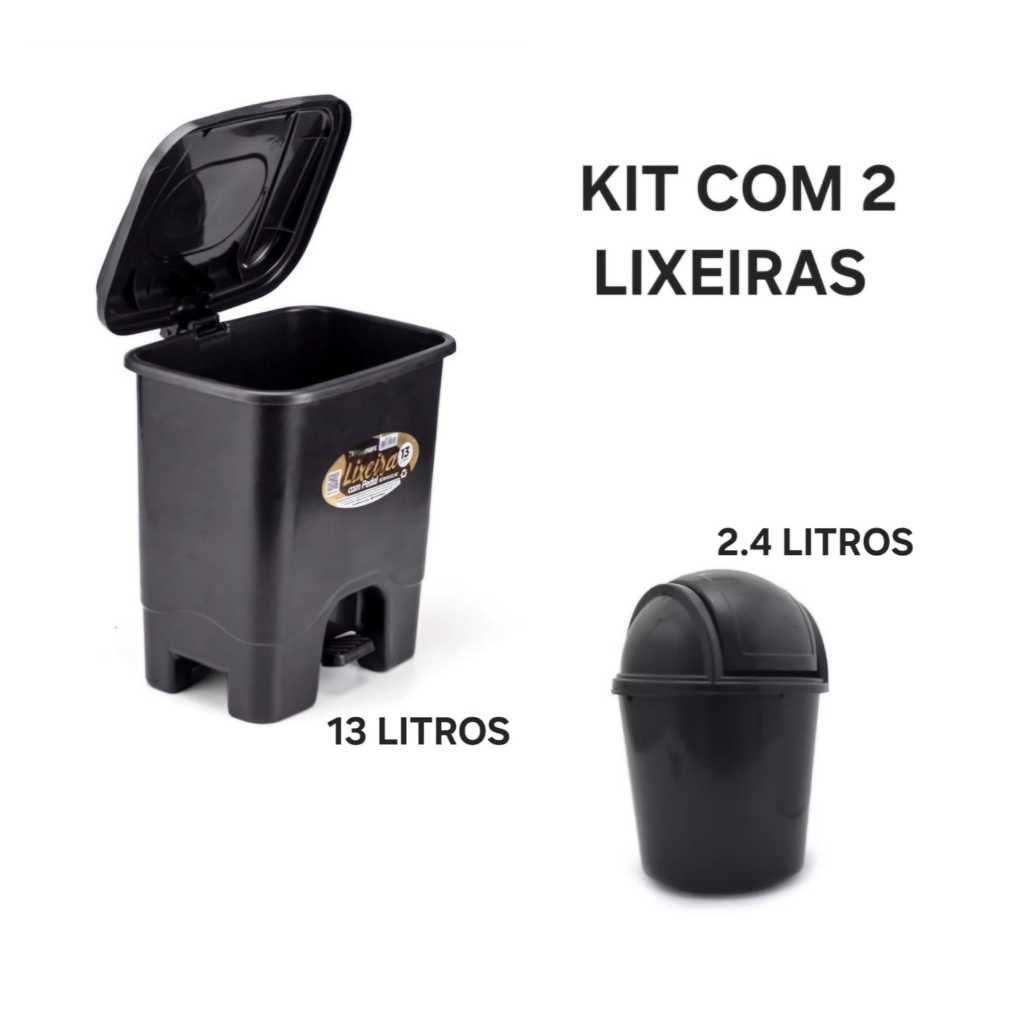 Kit Cozinha 2 Pecas Lixeira Pia 2,4 Litros Basculante  +  Lixeira 13 Litros Com Pedal Quadrada Moderna Higienica