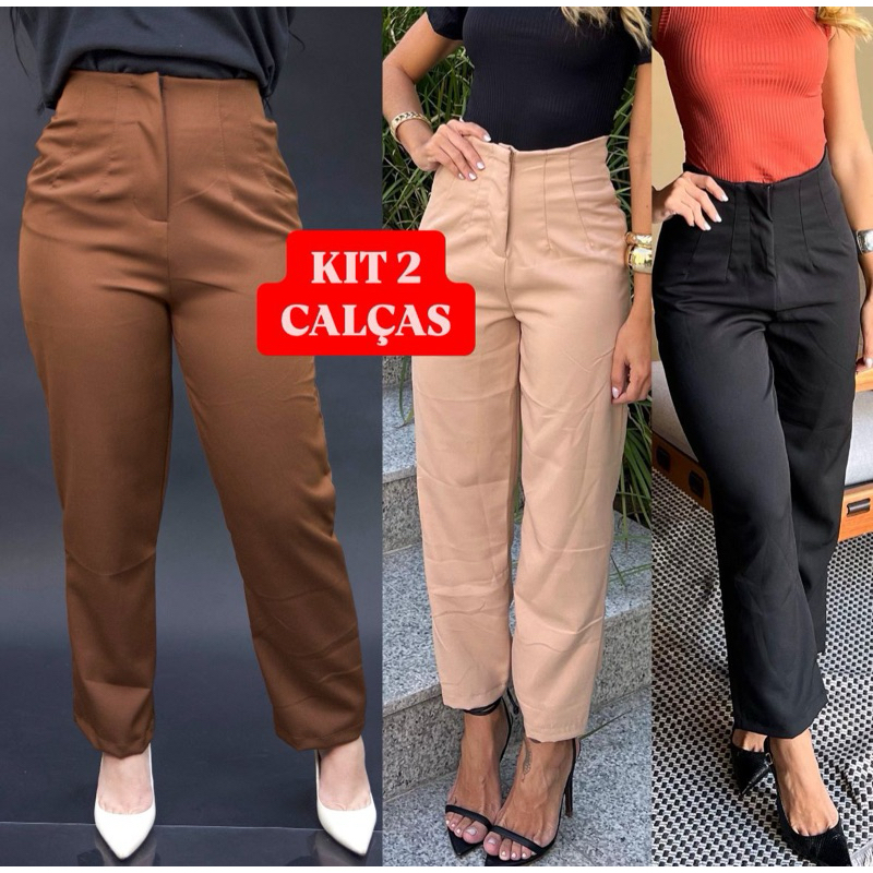 Kit 2 Calça Alfaiataria elegante bloguerinha Moda Feminino Cintura  alta Preta e  Bege Soc...