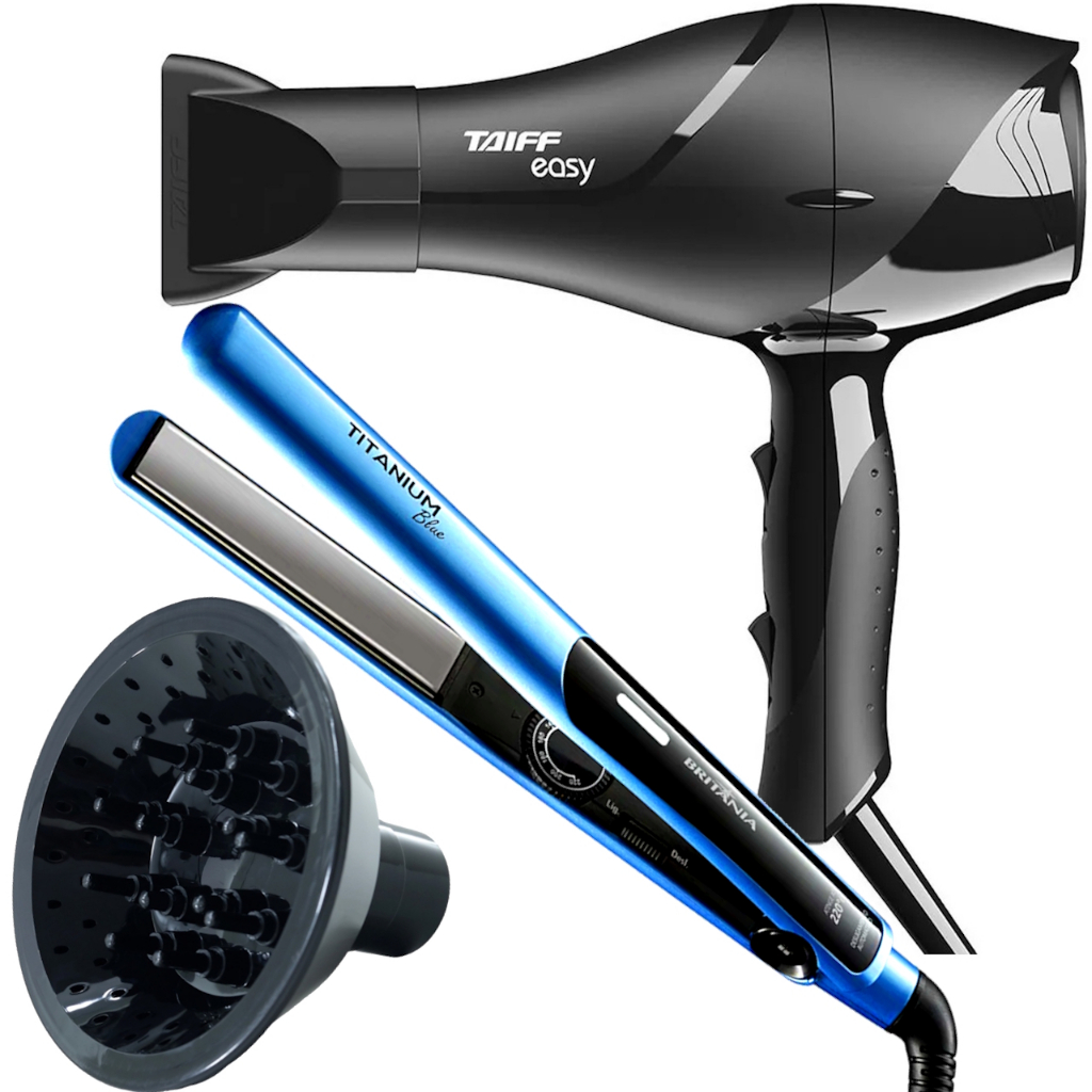 Secador de Cabelo Taiff Profissional 1700w Ions Ar Quente Frio Preto Difusor Cachos Prancha Britania Titanium 230ºc