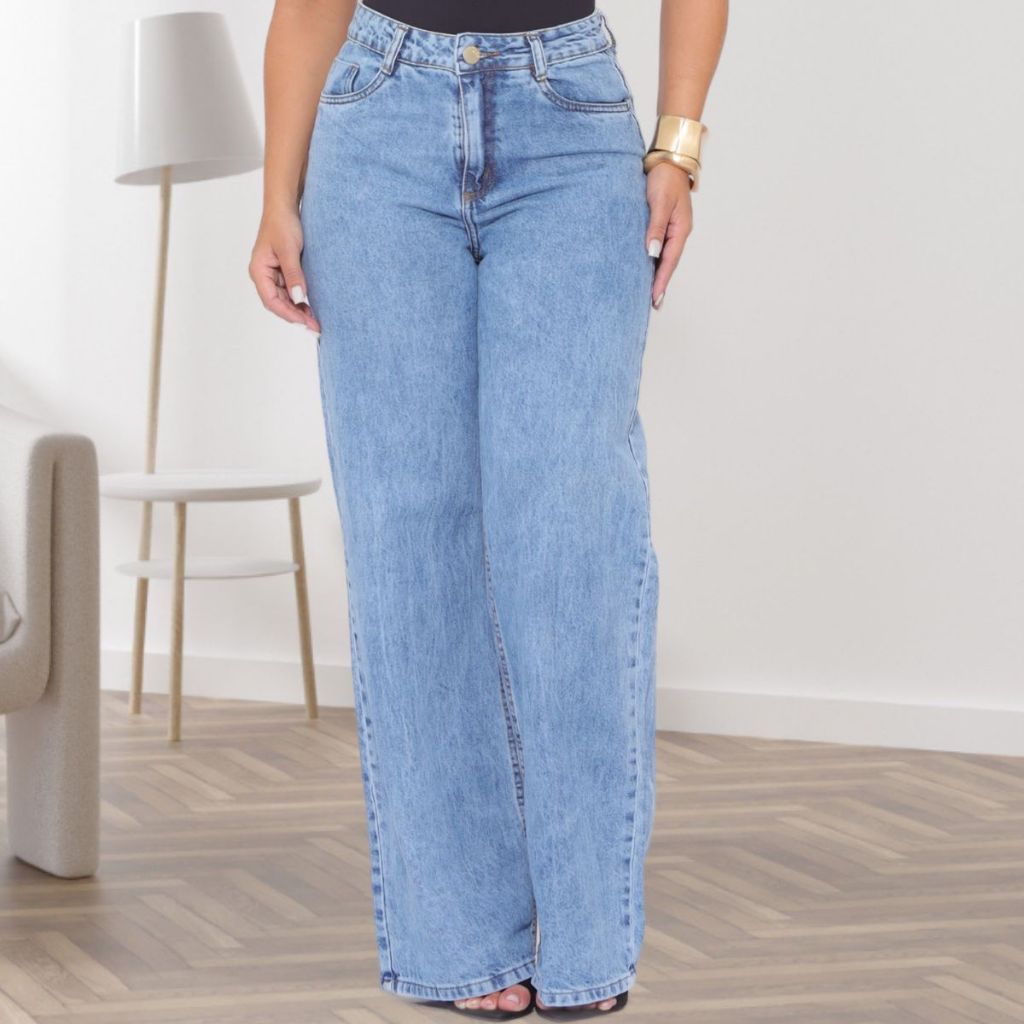Calça Wide Leg Jeans Feminina Pantalona Cintura Alta Marmorizada Moda Gringa tecido grosso...