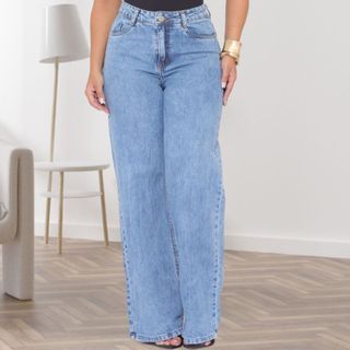 Calça Wide Leg Jeans Feminina Pantalona Cintura Alta Marmorizada Moda Gringa tecido gross…